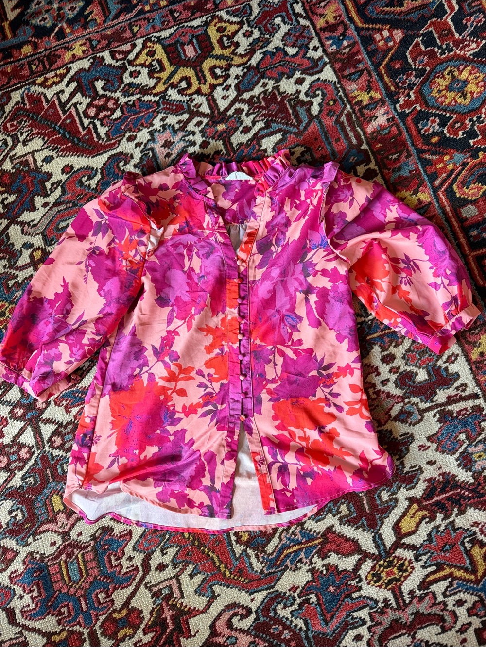 First Love Pink & Fuchsia Floral Ruffle-Trim Button Front Blouse